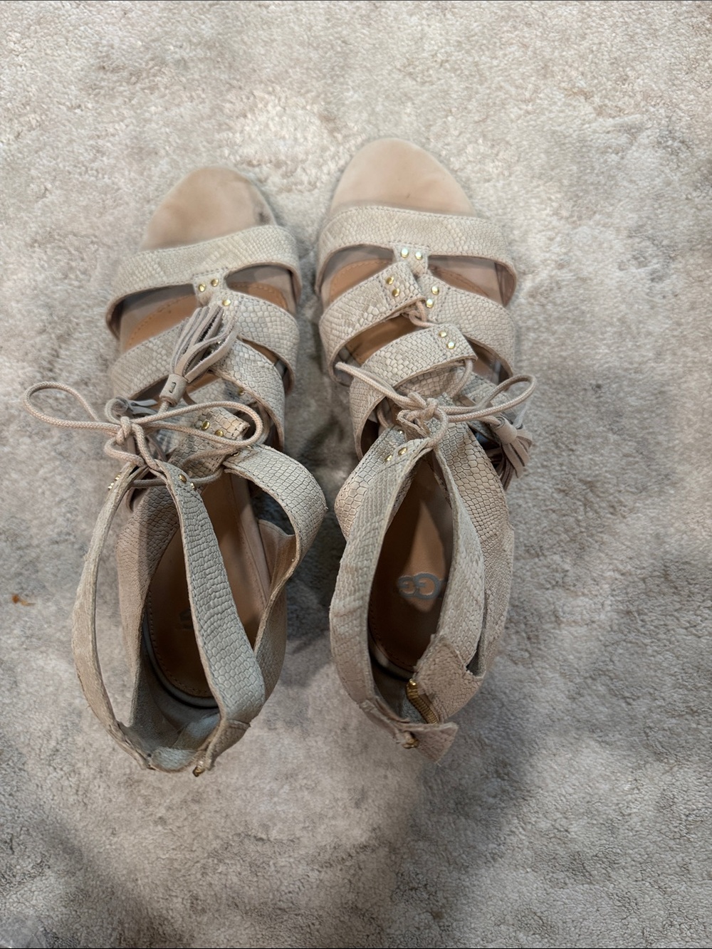 UGG Beige Lace-Up Wedge Sandals with Gold Studs